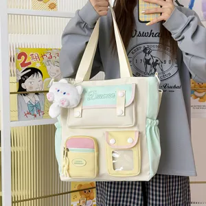 Bolso tote de lona estilo japones, gran capacidad bolso de hombro casual para estudiantes.