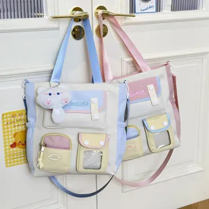 Bolso de lona de estilo japonés gran capacidad lindo multi bolsillos bolso para chicas estudiantes.