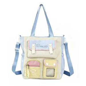 Bolso de hombro estilo japonés de lona con múltiples bolsillos y bonito diseño pastel.