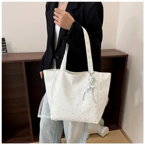 White star print tote bag for women, large capacity canvas shoulder bag casual style.