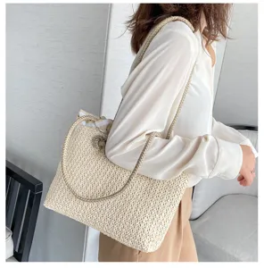 Summer straw woven shoulder bag for women, casual large capacity beach tote handbag daily use.