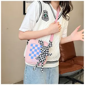 Pink plaid canvas crossbody bag with cute bunny pendant, casual shoulder bag for students.