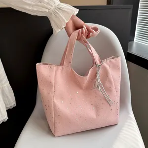 Pink star print large capacity canvas tote bag for women, casual shoulder and handbag view.