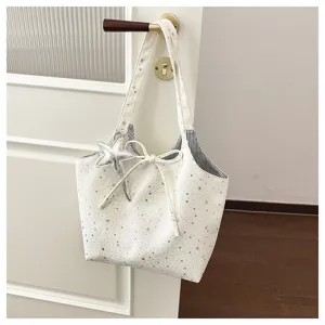 Star print canvas tote bag casual shoulder bag with bow and pendant for women commute daily