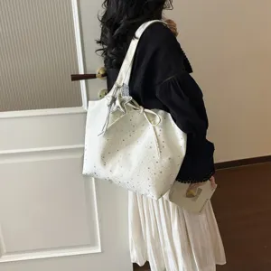 White star pattern canvas tote bag, casual large capacity shoulder bag for women daily commute.