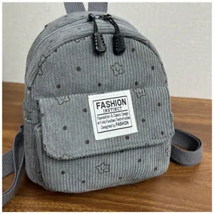 Grey corduroy mini backpack for women and kids casual travel cute floral school bag rucksack