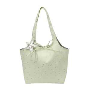Light green star print canvas tote bag, casual daily shoulder bag with star charm and bow.
