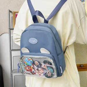 Zaino ita blu casual per studenti, grande capacità borsa a doppia spalla con tasca trasparente.