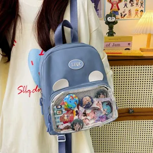 Zaino ita blu con finestra trasparente e orecchie d'orso, perfetto per la scuola.