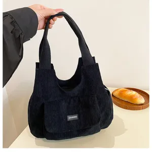 Black corduroy tote bag for women, casual large capacity shoulder bag for daily commuting.