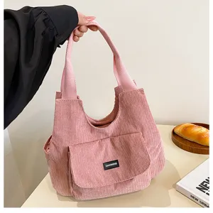 Pink corduroy tote bag for women, large capacity casual shoulder bag for daily commute and school.