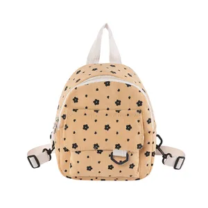 Mini corduroy backpack cute black floral print casual small daypack khaki multi-use bag