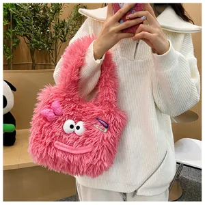 Cute plush fuzzy handbag for women autumn winter fluffy shoulder tote bag detail view