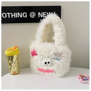 White fluffy plush handbag cute monster tote bag winter large capacity shoulder bag for women