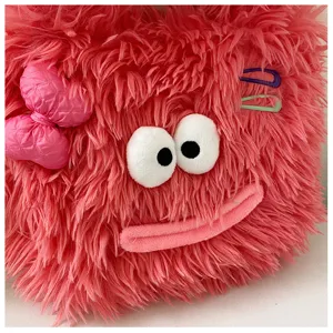 Cute pink fluffy plush shoulder bag with cartoon eyes and bow for women autumn winter.