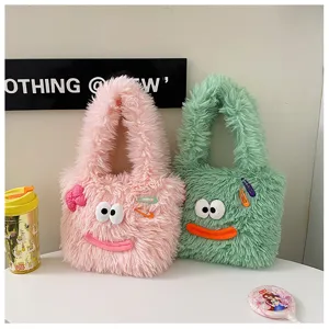 Detailed view of cute fluffy plush tote bags in pink and green, featuring funny face and hair clips.