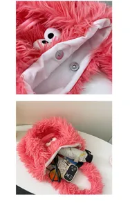 Cute fuzzy pink plush tote bag for women autumn winter fluffy shoulder handbag with cute monster eyes.