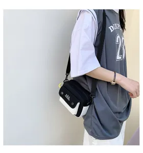 Canvas crossbody bag for women, stylish black and white contrast small shoulder bag streetwear.