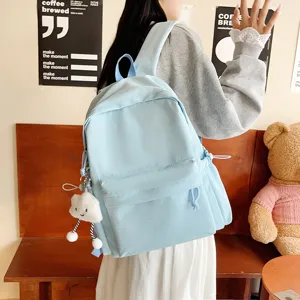 Light blue grid school backpack for students, cute literary casual daypack with cloud.