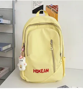Yellow large capacity student backpack, Japanese solid color travel school bag with pockets.