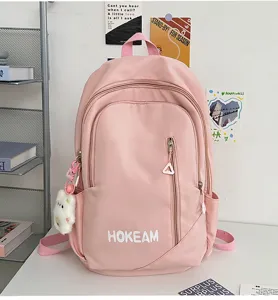 Fashion pink canvas backpack for women students, large capacity casual daily school bag.