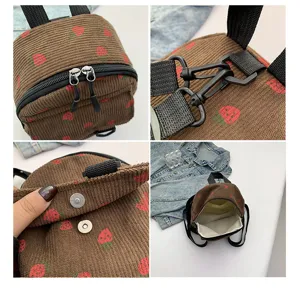 Small cute strawberry print corduroy mini backpack casual daily school travel bag detail