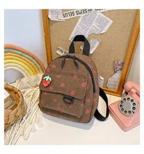 Brown corduroy strawberry print mini backpack, cute student schoolbag and casual daypack.