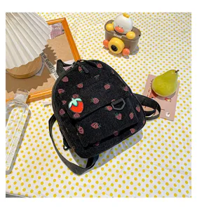 Cute black corduroy mini backpack with red strawberry print, sweet style school bookbag for girls.
