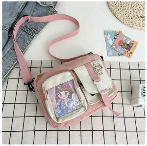 Sac bandoulière en toile rose pour femme, joli sac d'étudiante avec poche transparente.