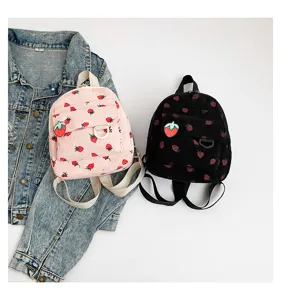 Corduroy mini backpack with sweet strawberry print and cute patch for daily casual use.