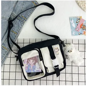 Sac bandoulière en toile décontracté avec poche transparente, joli sac étudiant pratique.