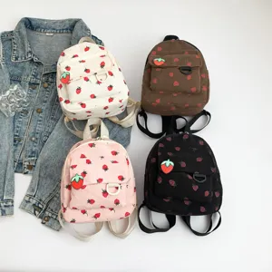Cute corduroy strawberry print mini backpack casual school bag travel daypack for girls