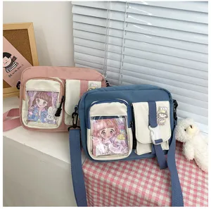 Sac bandoulière en toile mignon avec poche transparente, joli sac d'étudiant décontracté pratique.