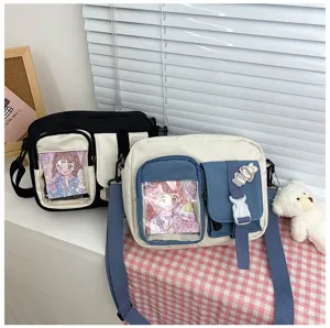 Sac bandoulière en toile pour femmes, joli sac à épaule multi-poches avec fenêtre transparente.