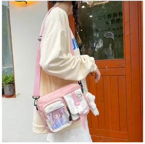 Joli sac bandoulière en toile rose style kawaii avec multiples poches pour les étudiantes