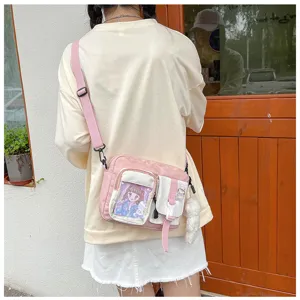 Joli sac bandoulière en toile rose pour femme, ita bag mignon avec fenêtre transparente et peluche.