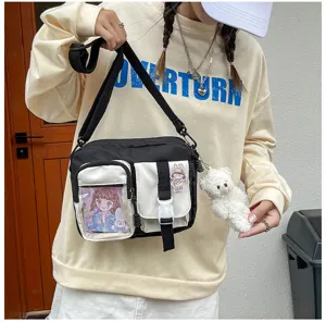 Sac à bandoulière en toile pour femme, sac d'étudiant coréen avec poche transparente.