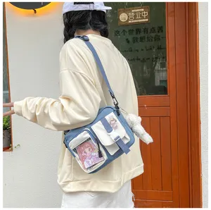 Sac bandoulière en toile décontracté pour femme mignon sac messager étudiant poche transparente