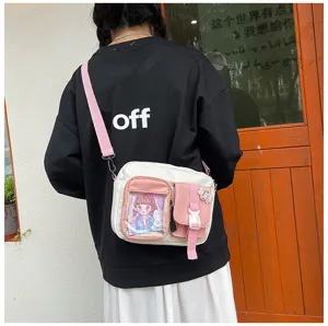 Sac Bandouliere Toile decontracte Messenger Bag Sac d'Ecole avec Poche Transparente