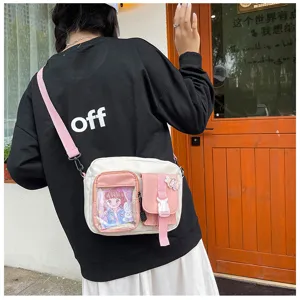 Sac bandoulière en toile pour femmes, design de poche rose mignon avec fenêtre transparente, style.