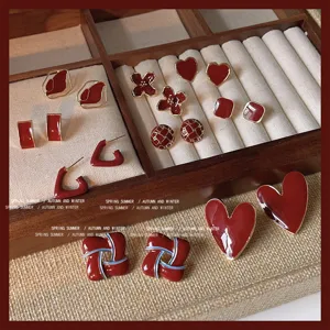 Orecchini a Bottone Retrò in Rame Smalto Rosso Vino Con Perno in Argento Elegante Geometrico Bordo Placcato Oro Cuore Quadrato Rotondo Orecchini Gioielli da Donna