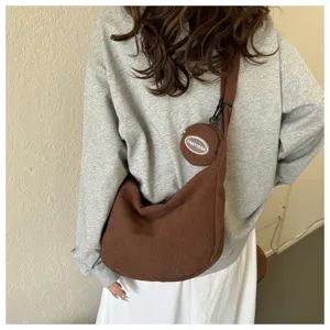 Casual brown corduroy shoulder bag with small coin purse, trendy minimalist crossbody bag.