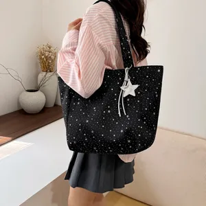 Black Starry Print Tote Bag Large Capacity Casual Shoulder Bag for Women Fashion Style