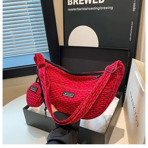 Red canvas crescent shoulder bag casual dumpling crossbody bag with small purse for women