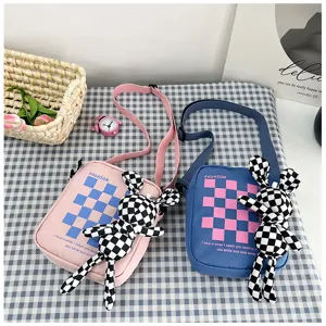 Stylish checkered canvas crossbody bag for women students casual contrast shoulder bag