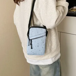 Casual light blue star pattern crossbody phone bag for women and men, lightweight daily messenger bag.