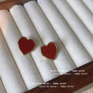 Orecchini a cuore rossi con bordo dorato stile retro chic orecchini a perno eleganti
