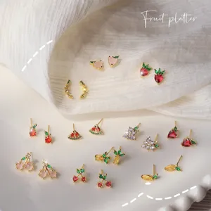 Mini Frucht Bunte Strass Ohrstecker 14K Vergoldetes Kupfer Mikro Eingelegt Fruchtform Ohrringe Süßer Täglicher Schmuck für Damen