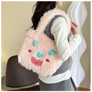 Cute pink fluffy monster shoulder bag for women, soft plush daily casual handbag.