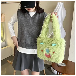 Green plush monster handbag cute fluffy tote shoulder bag for women daily style fashion